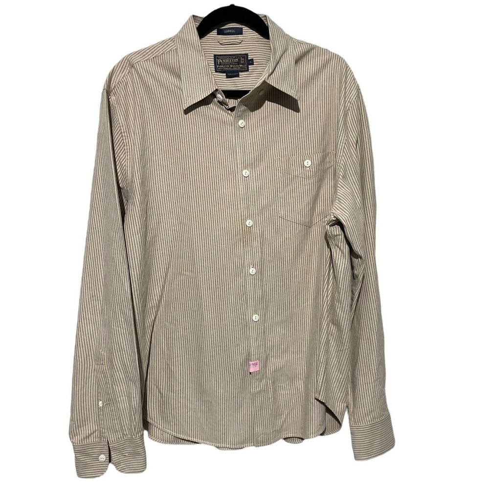 Pendleton Thomas Kay Lowell Mens XL Striped Button Down Shirt Tan White Long Slv